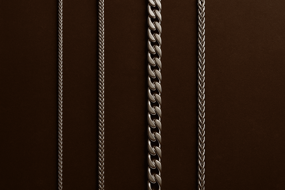 Men’s silver chains displayed vertically on a dark brown background.