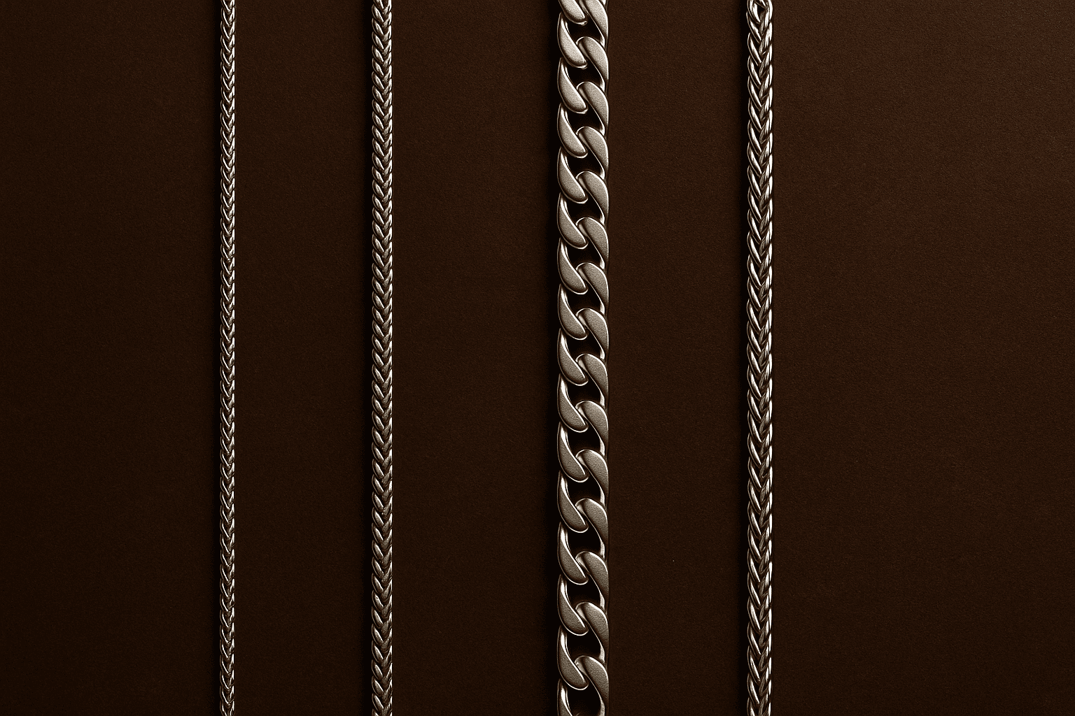 Men’s silver chains displayed vertically on a dark brown background.