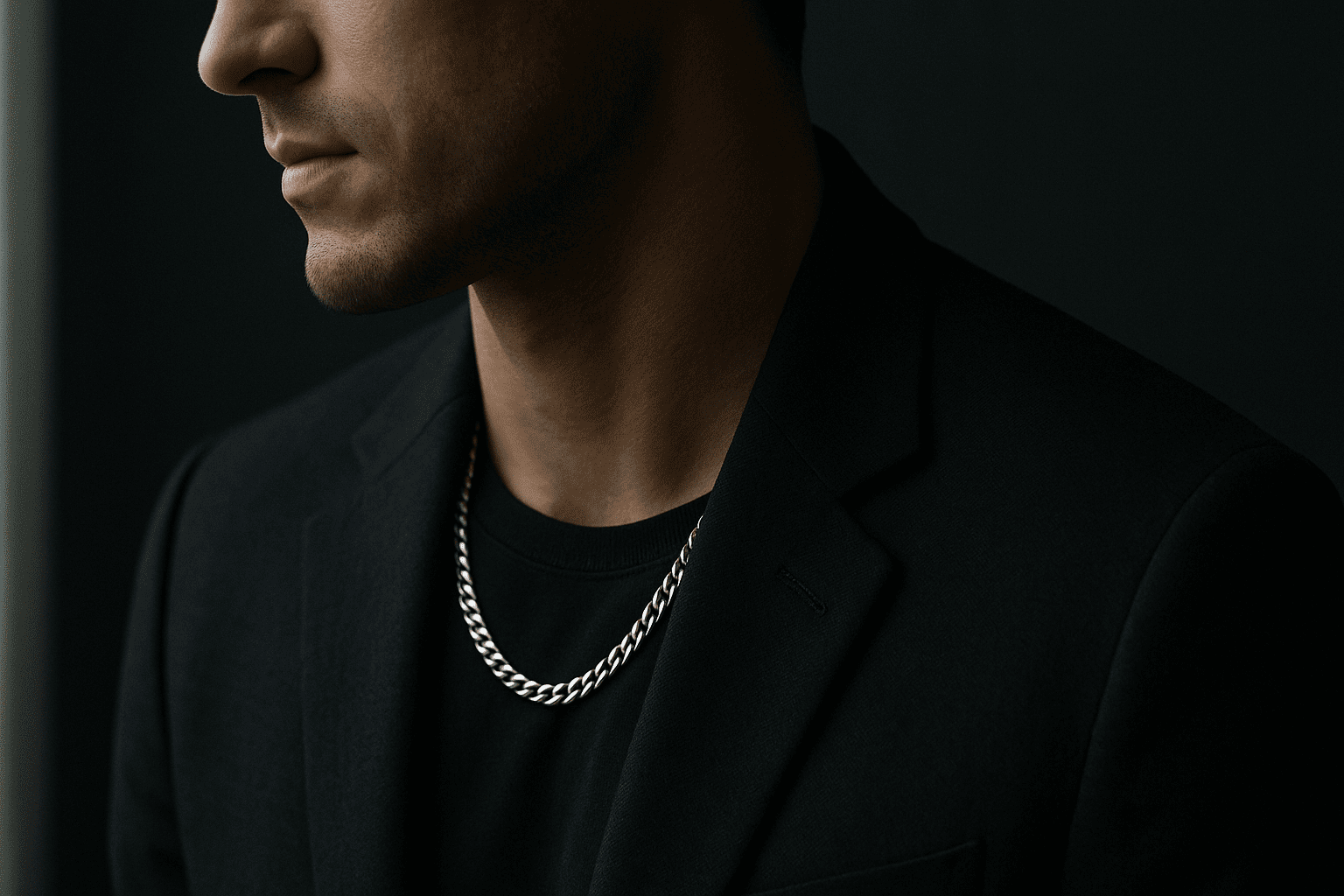Man’s jawline and neck wearing a sterling silver chain under a dark tailored jacket in moody window light.