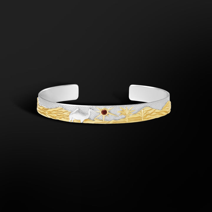MCKER Sahara Cuff in sterling silver with 18K gold desert motifs and 3mm red garnet sun.