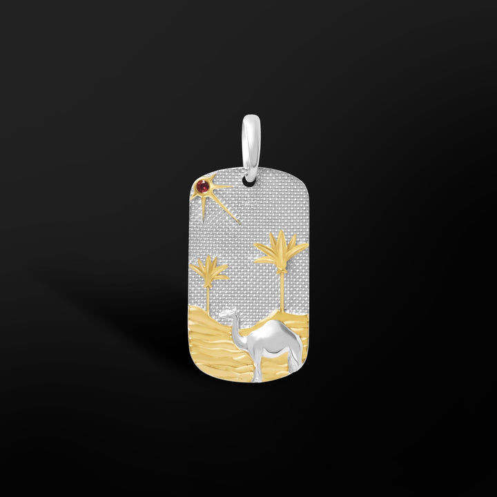MCKER Sahara Pendant in sterling silver with 18K gold desert accents and a 2mm red garnet sun