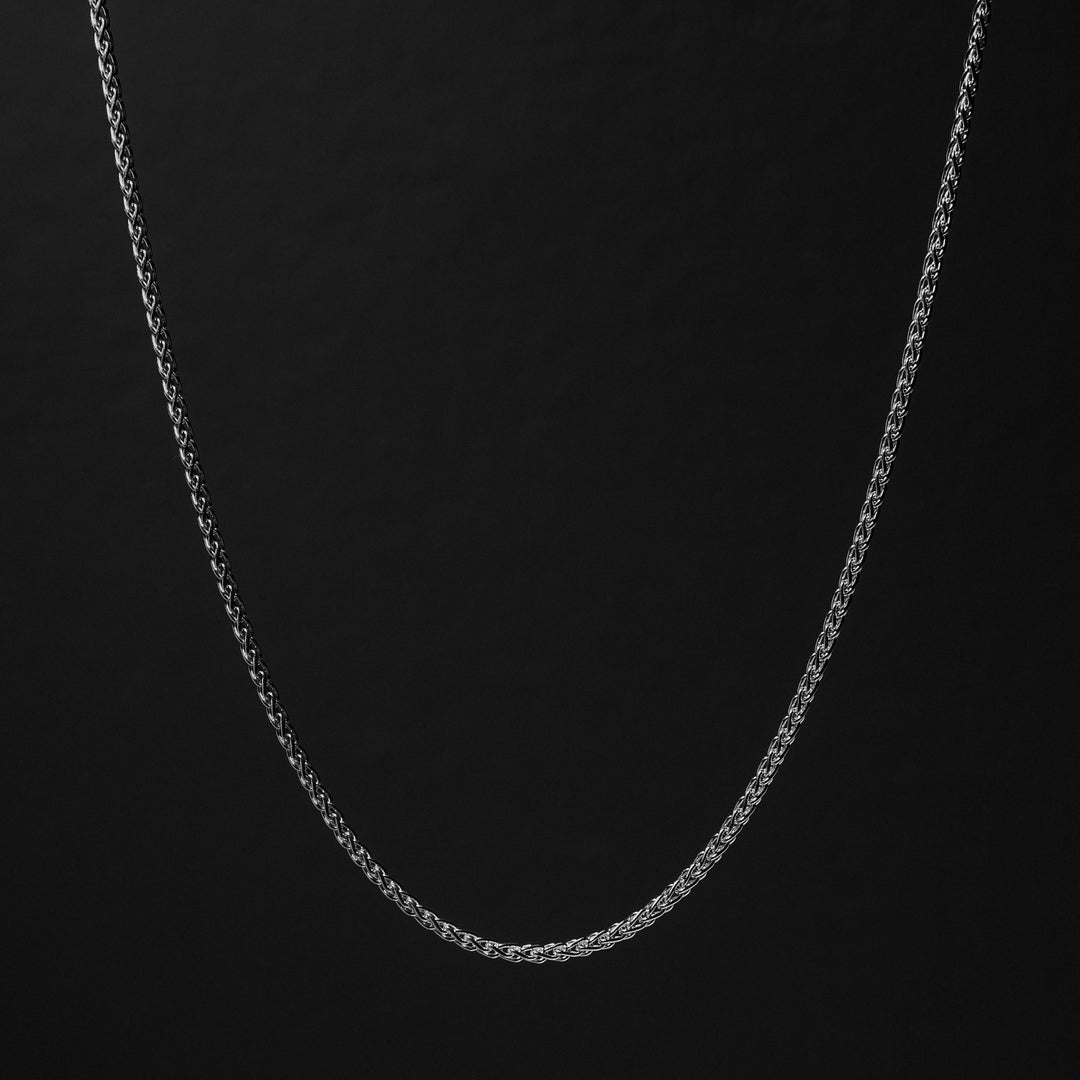 Sterling silver wheat chain 3.4mm with lobster clasp neck shot